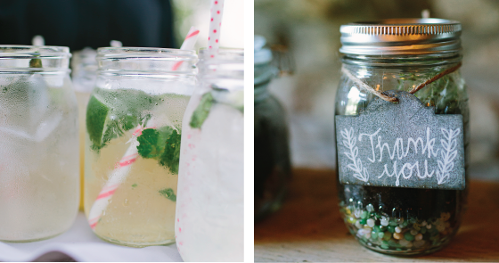 Mason Jars at Rustic Wedding for salad and beverages